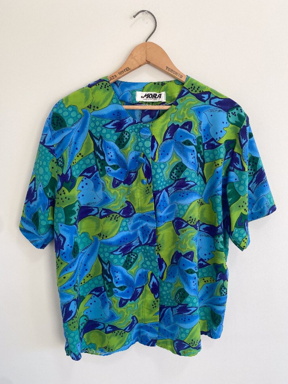 Vintage Blue + Green Floral Print Short Sleeve Blouse / 90s
